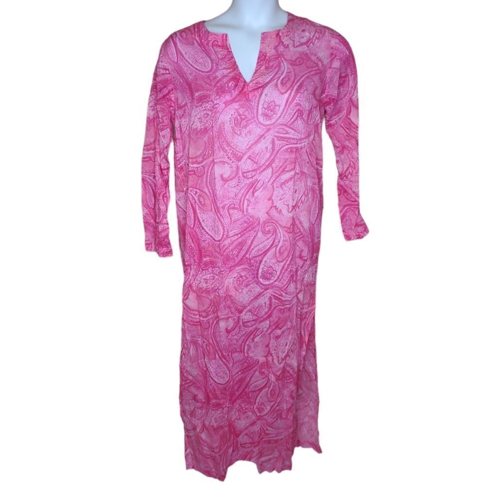 J PETERMAN pink paisley long sleeve kaftan v-neck modest maxi dress M